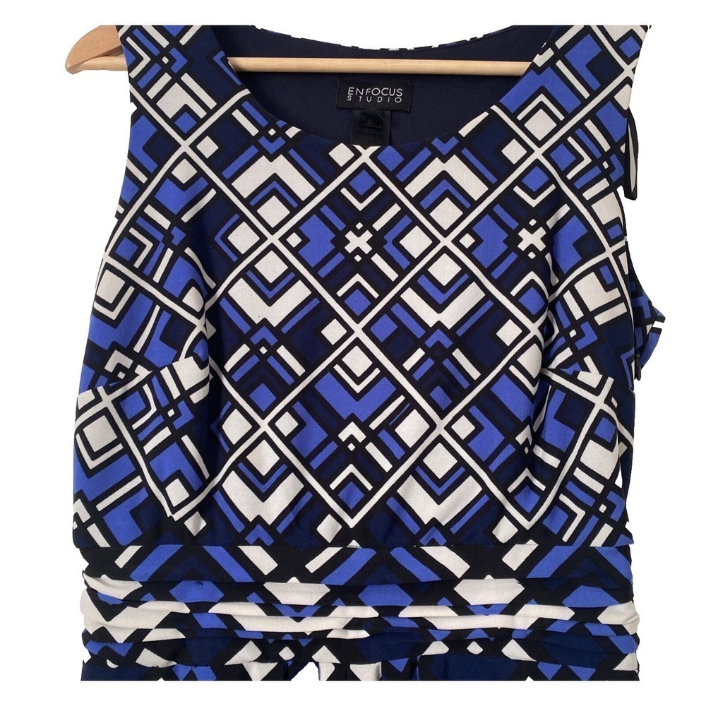 En-Focus Studio Abstract Blue, Black & White Pleated Side Zip Sleeveless Dress 8 - Picture 3 of 6